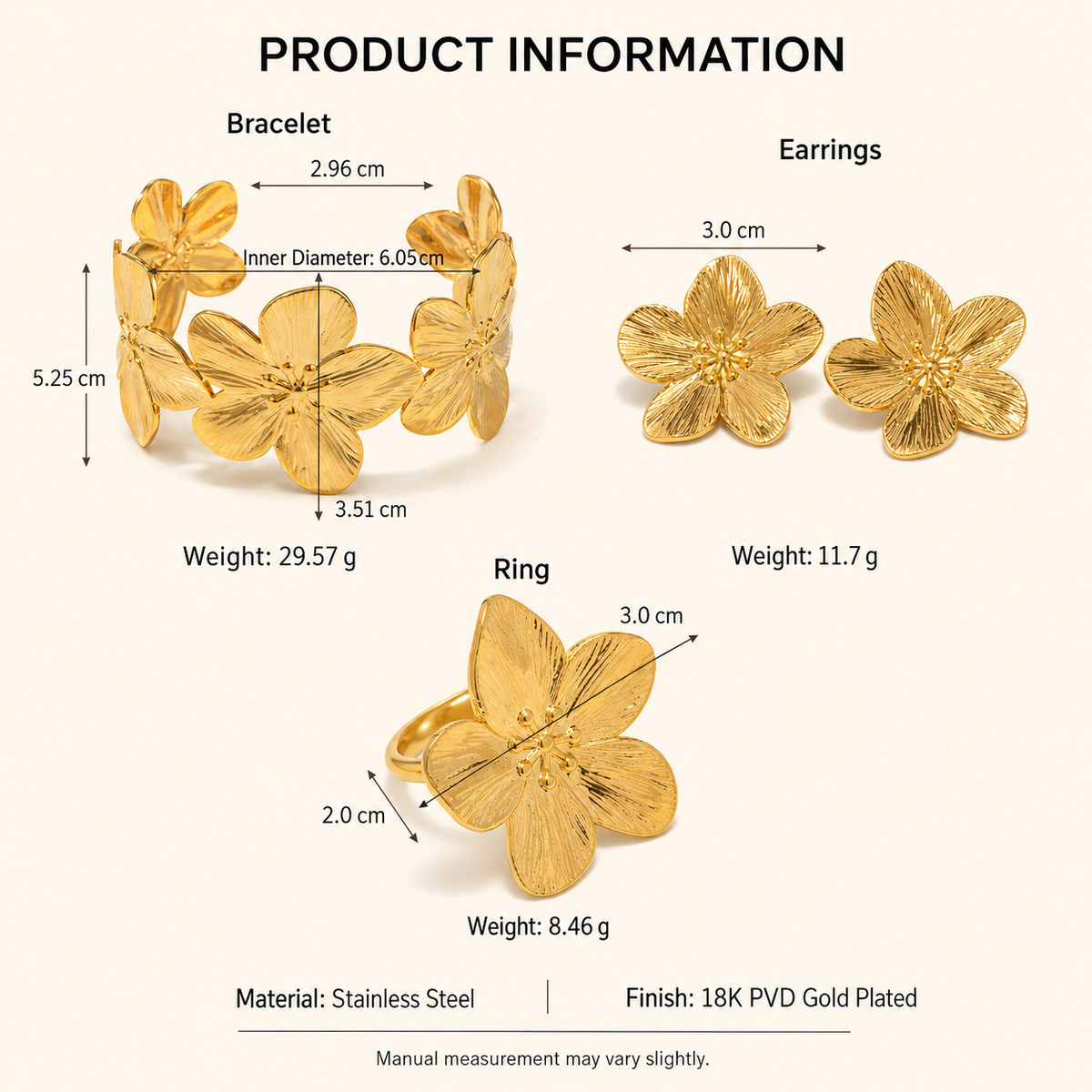 18K Gold PVD Stainless Steel Floral Jewelry Set – Cuff Bracelet, Stud Earrings & Ring