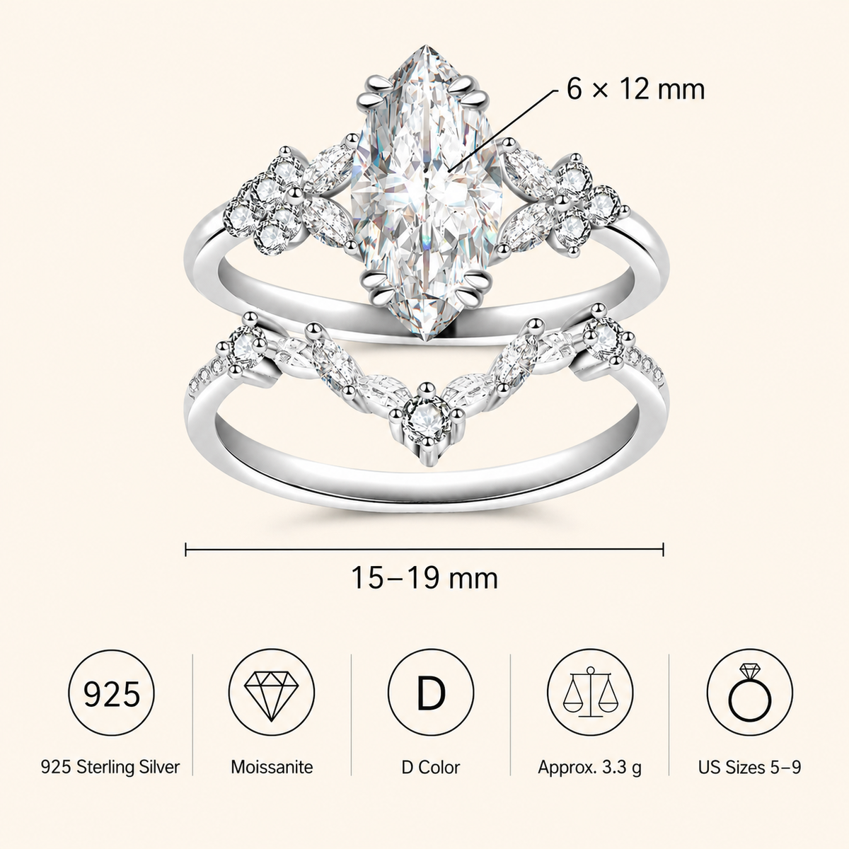 Women’s 925 Sterling Silver Marquise Moissanite Stackable Ring Set