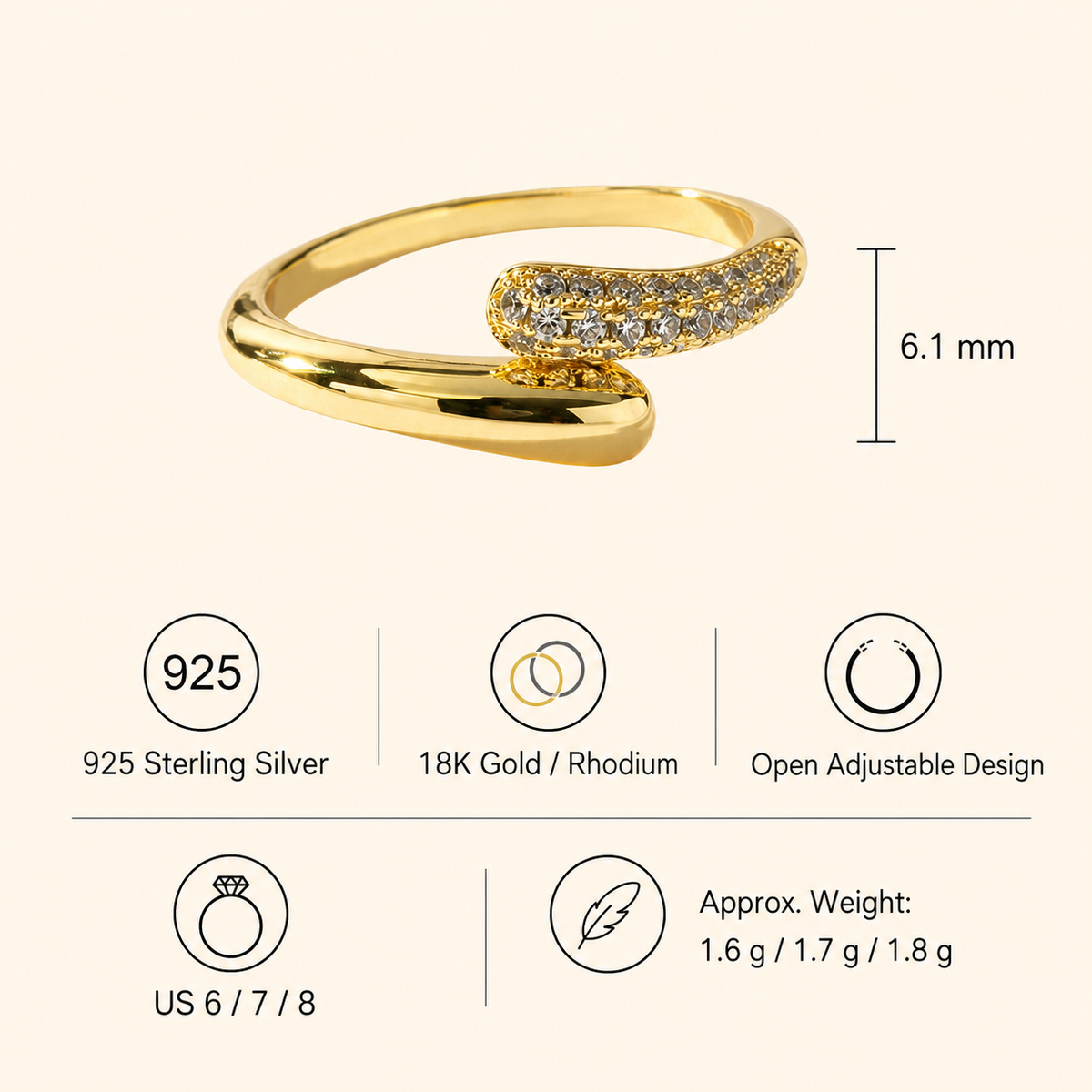 Women’s 18K Gold or Rhodium Plated 925 Sterling Silver Open Wave Pavé Ring