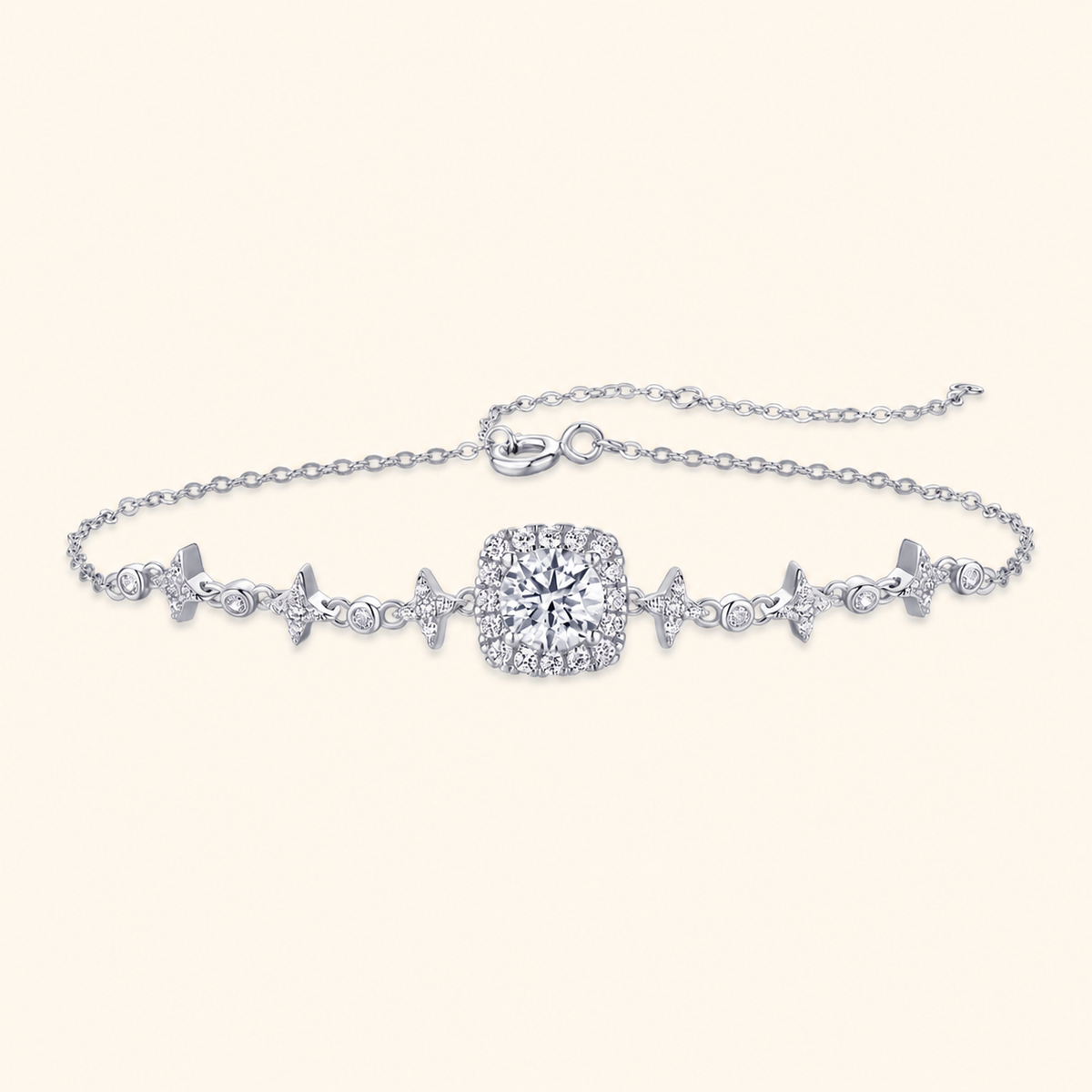 Women’s 925 Sterling Silver Moissanite Star Link Adjustable Bracelet with Halo Center Stone