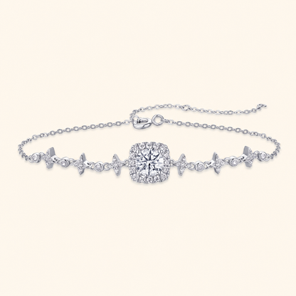 Women’s 925 Sterling Silver Moissanite Star Link Adjustable Bracelet with Halo Center Stone