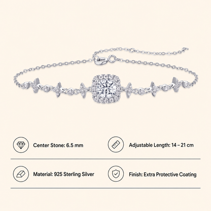 Women’s 925 Sterling Silver Moissanite Star Link Adjustable Bracelet with Halo Center Stone
