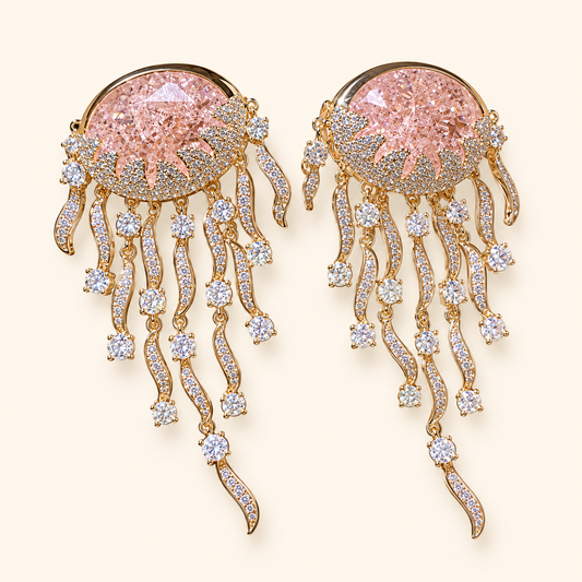 Iridescent Jellyfish Gemstone Tassel Drop Earrings with Cloud Pattern Stones
