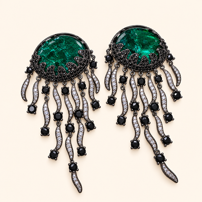 Iridescent Jellyfish Gemstone Tassel Drop Earrings with Cloud Pattern Stones