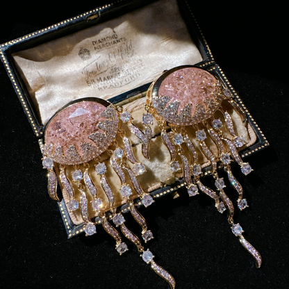 Iridescent Jellyfish Gemstone Tassel Drop Earrings with Cloud Pattern Stones