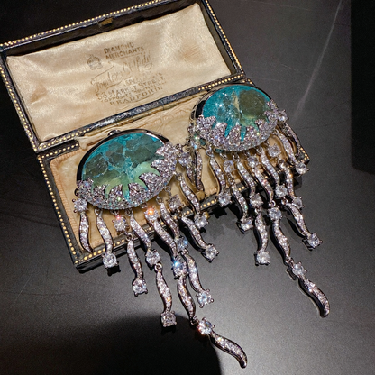 Iridescent Jellyfish Gemstone Tassel Drop Earrings with Cloud Pattern Stones