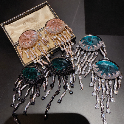 Iridescent Jellyfish Gemstone Tassel Drop Earrings with Cloud Pattern Stones