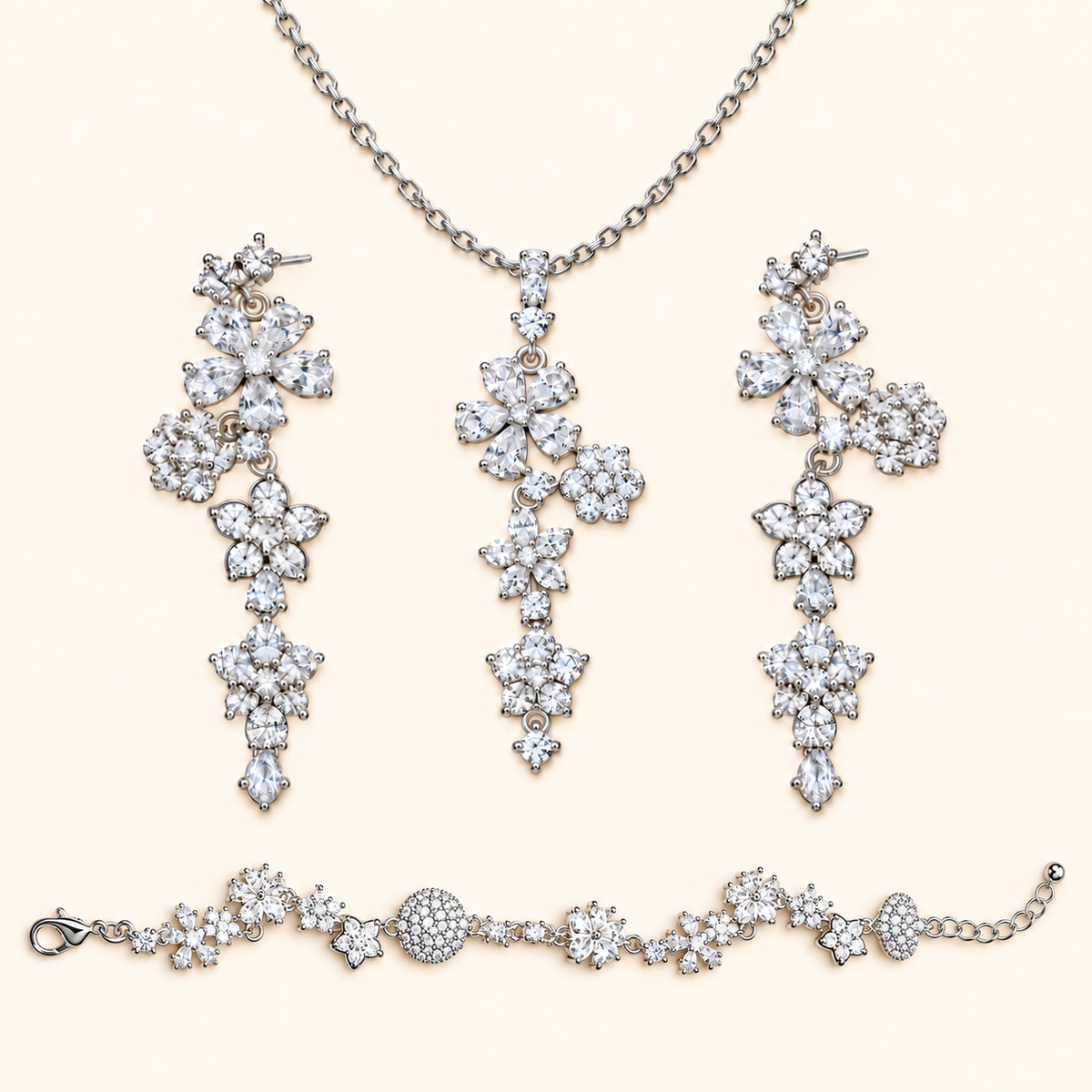 Fairy Blossom Star Cubic Zirconia Necklace, Bracelet and Drop Earrings Jewelry Set