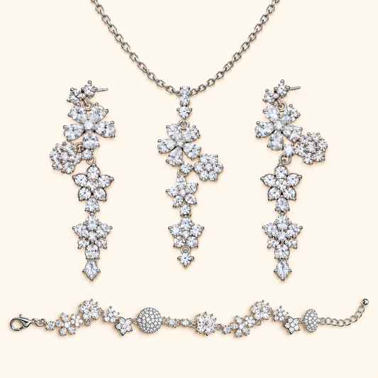 Fairy Blossom Star Cubic Zirconia Necklace, Bracelet and Drop Earrings Jewelry Set