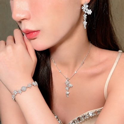 Fairy Blossom Star Cubic Zirconia Necklace, Bracelet and Drop Earrings Jewelry Set