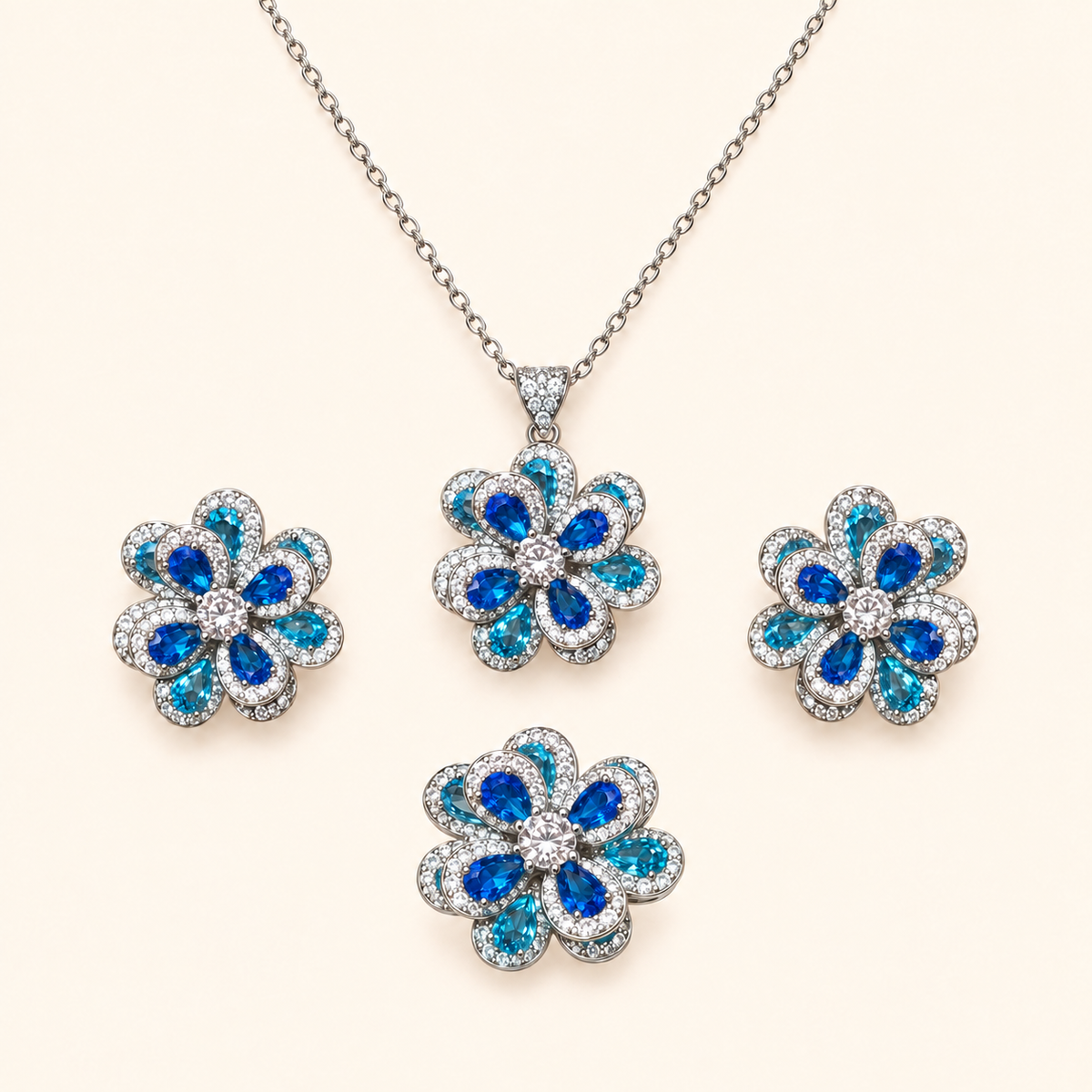 Royal Blue Gradient Floral Cubic Zirconia Necklace, Earrings & Ring Jewelry Set