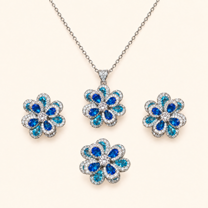 Royal Blue Gradient Floral Cubic Zirconia Necklace, Earrings & Ring Jewelry Set