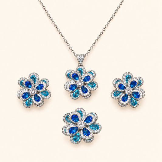 Royal Blue Gradient Floral Cubic Zirconia Necklace, Earrings & Ring Jewelry Set
