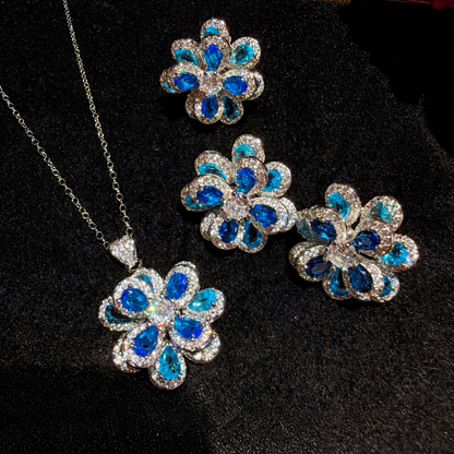 Royal Blue Gradient Floral Cubic Zirconia Necklace, Earrings & Ring Jewelry Set