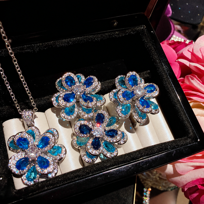 Royal Blue Gradient Floral Cubic Zirconia Necklace, Earrings & Ring Jewelry Set