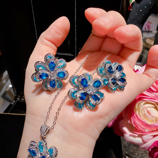 Royal Blue Gradient Floral Cubic Zirconia Necklace, Earrings & Ring Jewelry Set