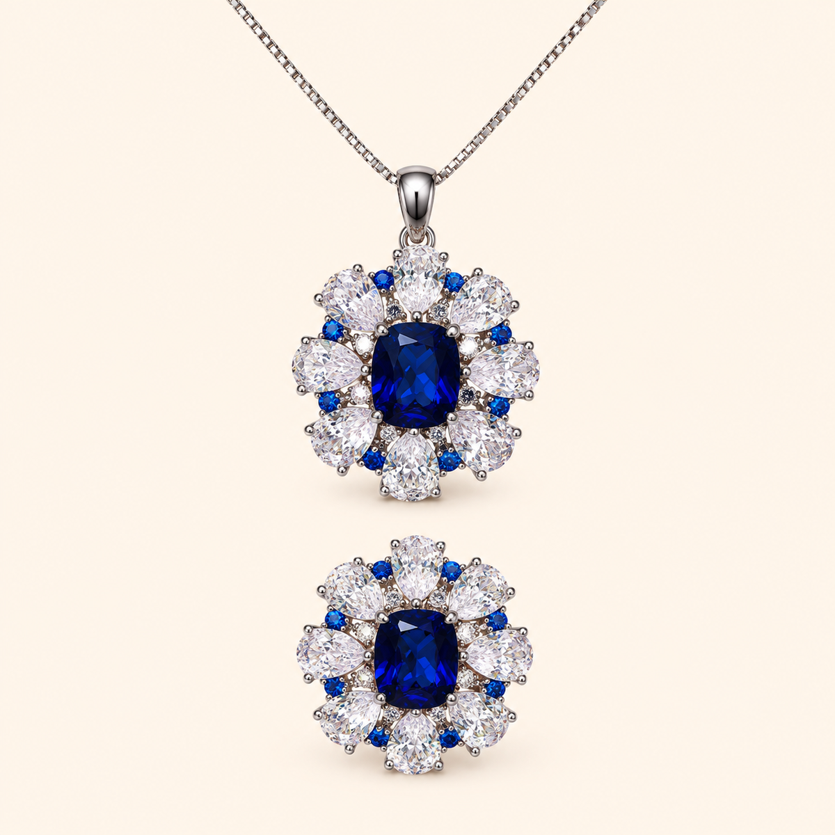 Women’s Deep Blue Sapphire Floral Cubic Zirconia Necklace and Earrings Set