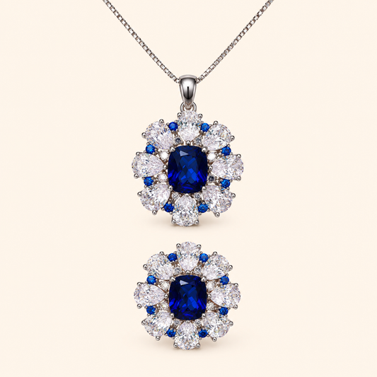 Women’s Deep Blue Sapphire Floral Cubic Zirconia Necklace and Earrings Set