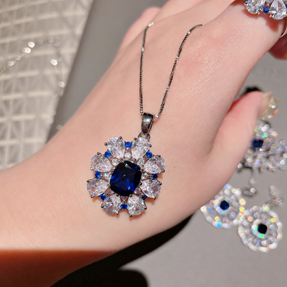 Women’s Deep Blue Sapphire Floral Cubic Zirconia Necklace and Earrings Set