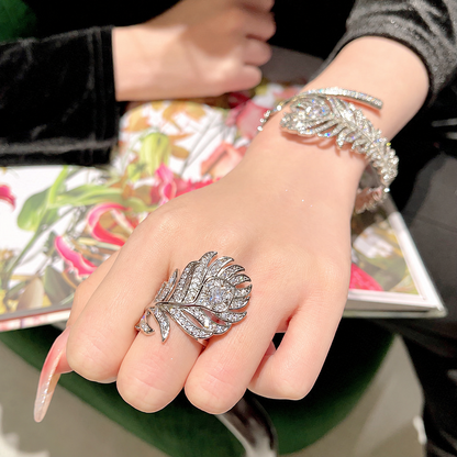 Women’s Silver-Tone Pavé Cubic Zirconia Peacock Feather Bracelet and Ring Set