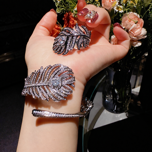 Women’s Silver-Tone Pavé Cubic Zirconia Peacock Feather Bracelet and Ring Set