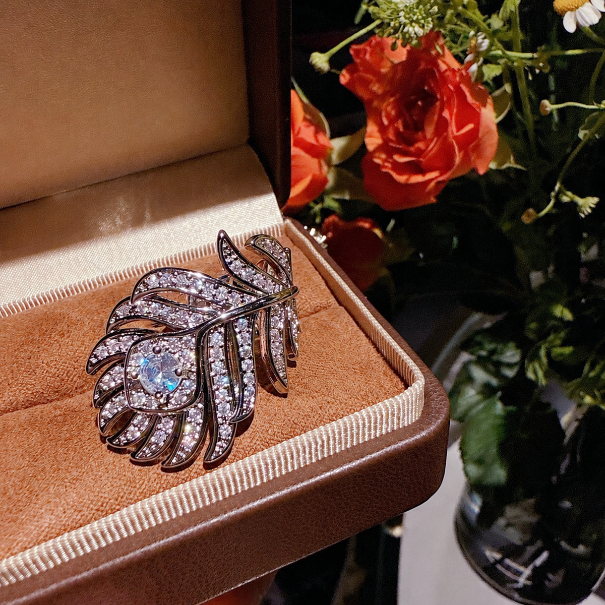 Women’s Silver-Tone Pavé Cubic Zirconia Peacock Feather Bracelet and Ring Set