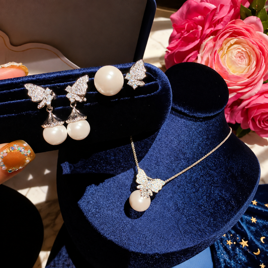 Women’s Elegant Butterfly Pearl Cubic Zirconia Necklace, Earrings and Ring Set