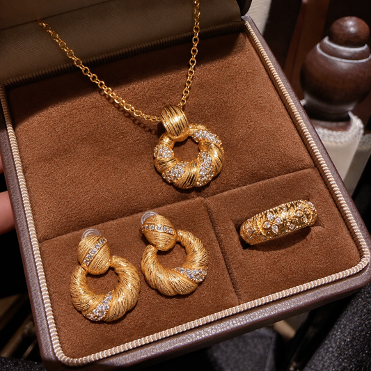 Women’s Vintage Brushed Lucky Scroll Cubic Zirconia Necklace, Earrings and Adjustable Ring Jewelry Set