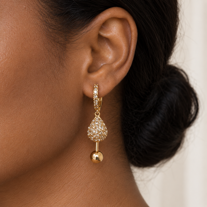 Women’s Gold Tone Pavé Crystal Teardrop Ball Drop Hoop Earrings