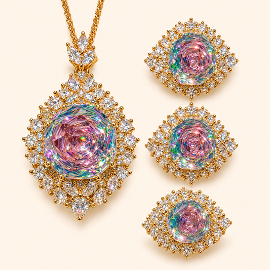 Women’s Iridescent Rose-Cut Teardrop Cubic Zirconia Necklace, Earrings and Adjustable Ring Jewelry Set
