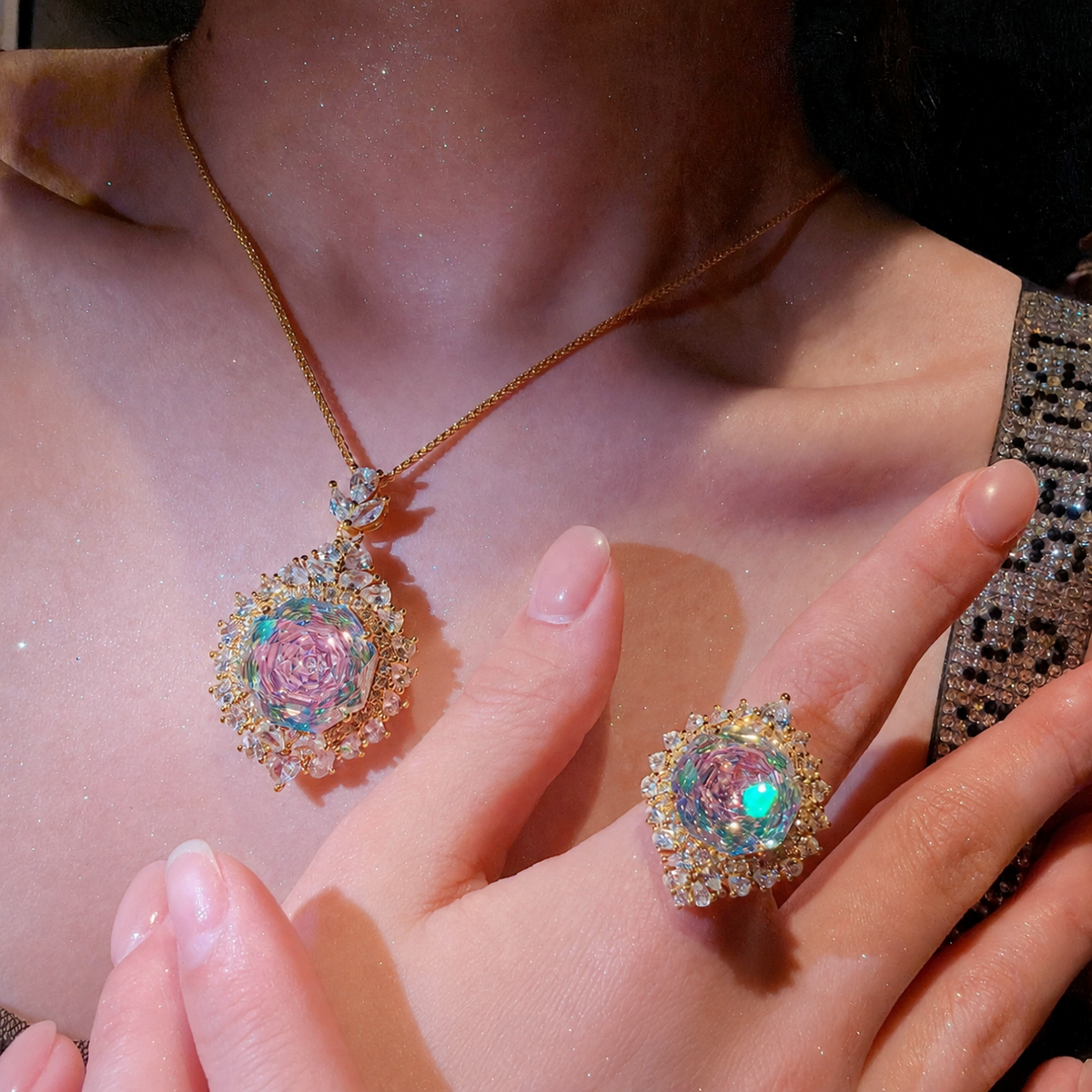 Women’s Iridescent Rose-Cut Teardrop Cubic Zirconia Necklace, Earrings and Adjustable Ring Jewelry Set
