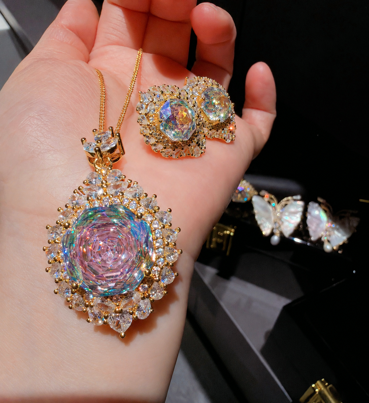 Women’s Iridescent Rose-Cut Teardrop Cubic Zirconia Necklace, Earrings and Adjustable Ring Jewelry Set