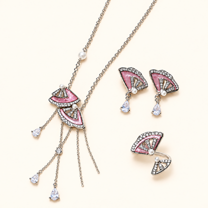 Women’s Pink Mother-of-Pearl Fan Cubic Zirconia Tassel Necklace, Stud Earrings and Adjustable Ring Jewelry Set