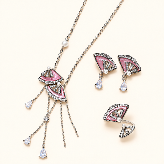 Women’s Pink Mother-of-Pearl Fan Cubic Zirconia Tassel Necklace, Stud Earrings and Adjustable Ring Jewelry Set