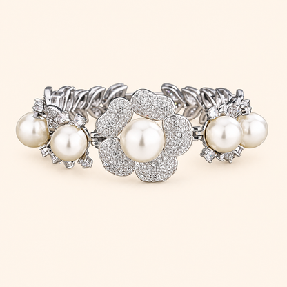 Women’s Vintage Crystal Flower Imitation Pearl Bracelet with Grey, White or Gold Pearl Accents