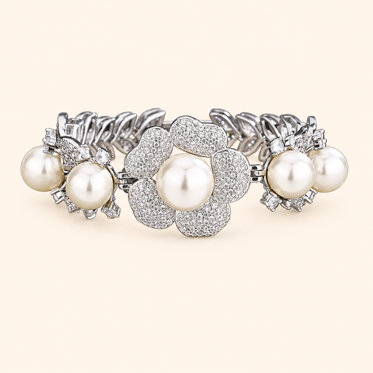 Women’s Vintage Crystal Flower Imitation Pearl Bracelet with Grey, White or Gold Pearl Accents