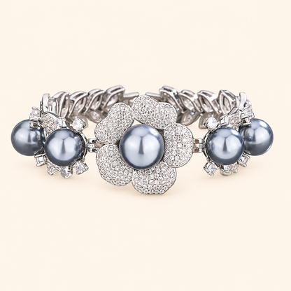Women’s Vintage Crystal Flower Imitation Pearl Bracelet with Grey, White or Gold Pearl Accents