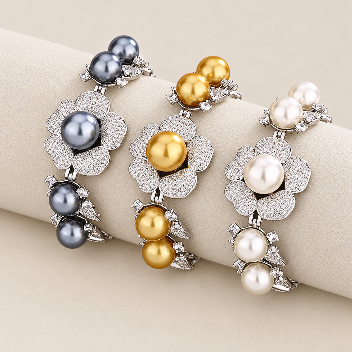 Women’s Vintage Crystal Flower Imitation Pearl Bracelet with Grey, White or Gold Pearl Accents