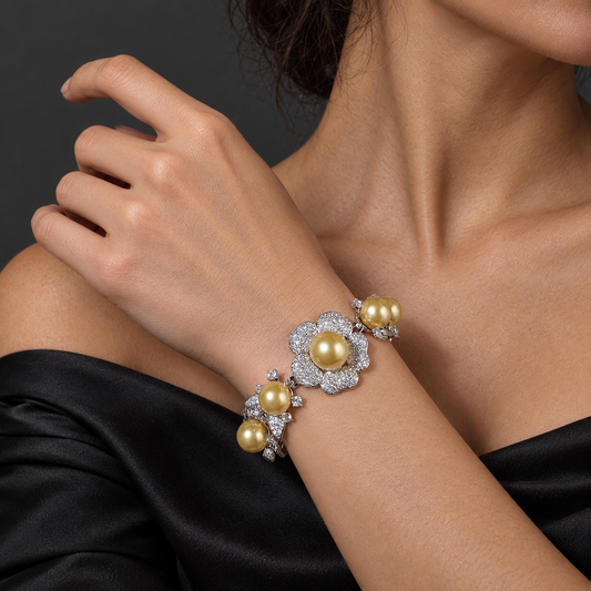Women’s Vintage Crystal Flower Imitation Pearl Bracelet with Grey, White or Gold Pearl Accents