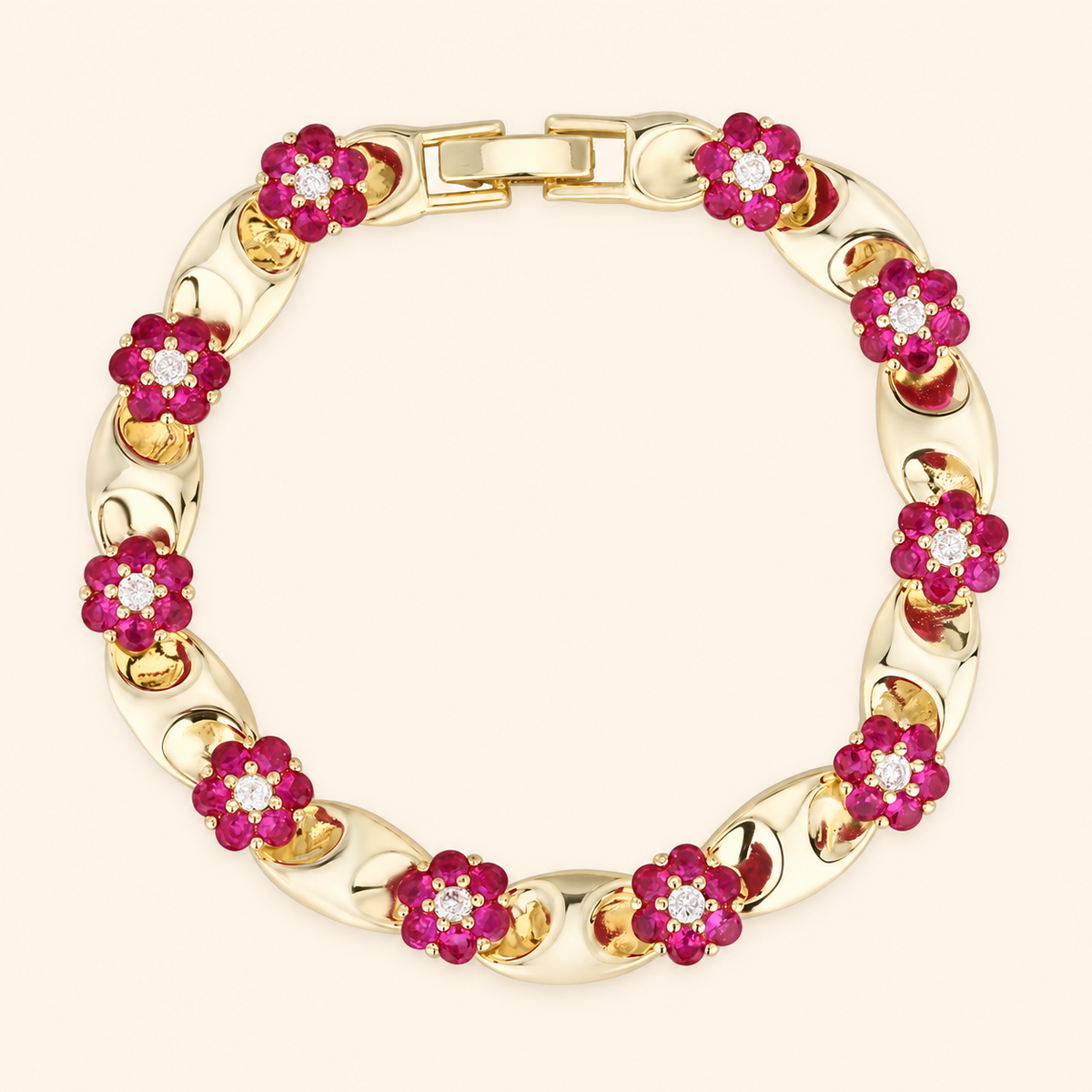 Women’s Vintage Red Crystal Flower Link Bracelet in Gold or Silver Tone