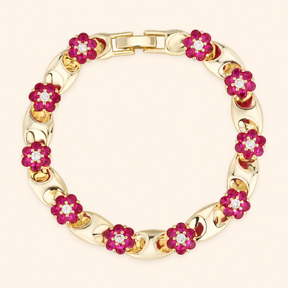 Women’s Vintage Red Crystal Flower Link Bracelet in Gold or Silver Tone