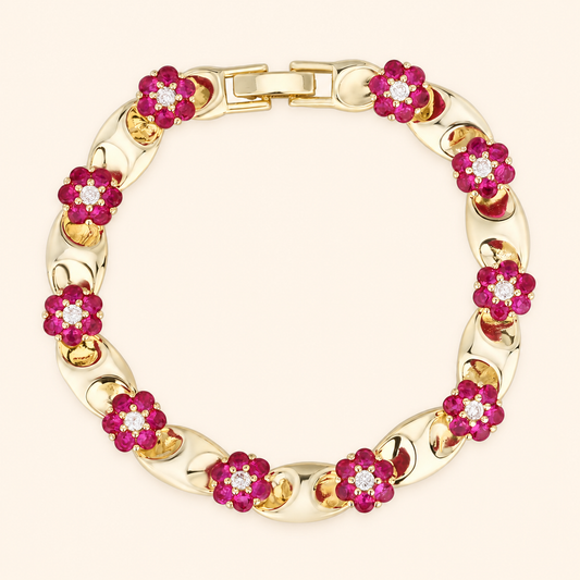 Women’s Vintage Red Crystal Flower Link Bracelet in Gold or Silver Tone