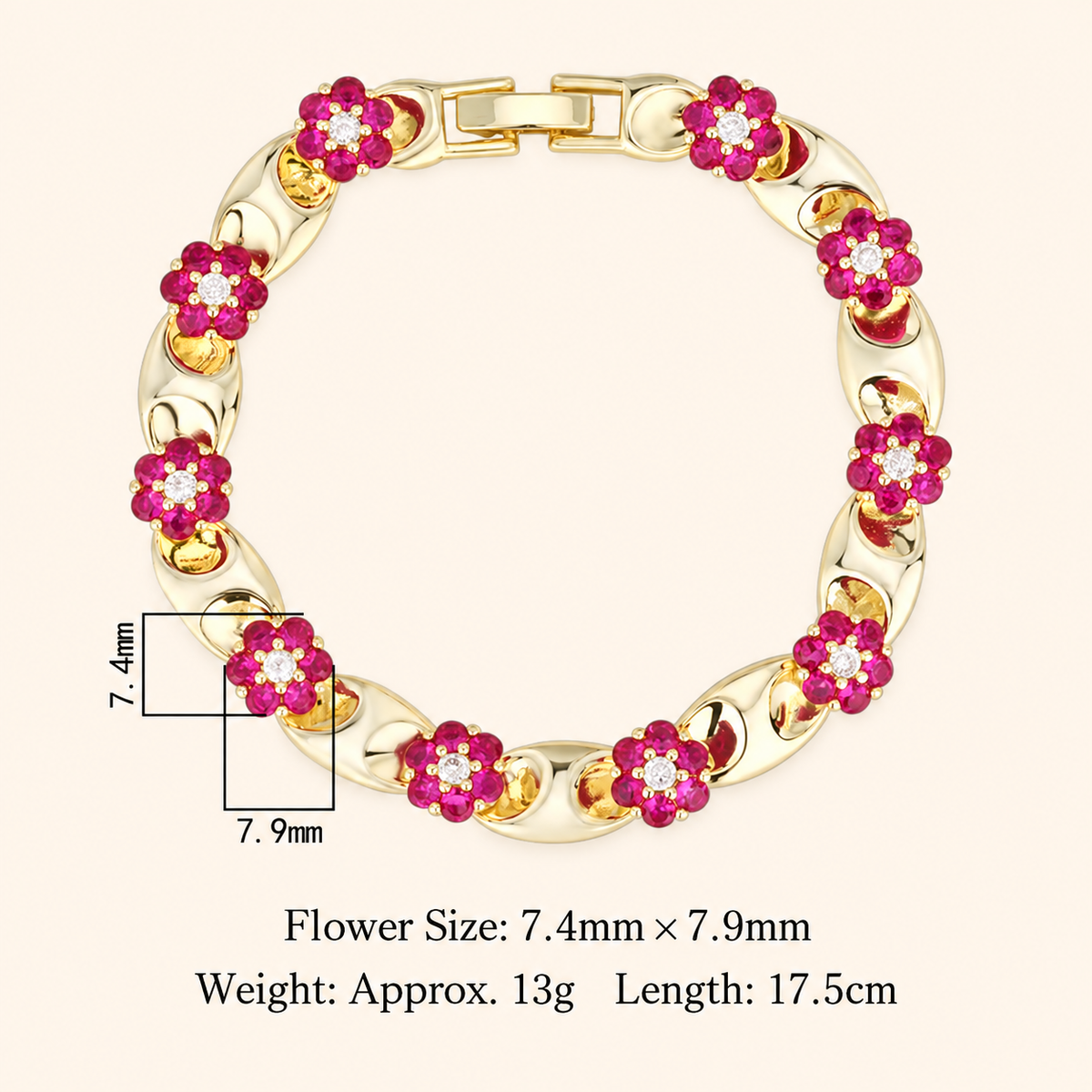 Women’s Vintage Red Crystal Flower Link Bracelet in Gold or Silver Tone