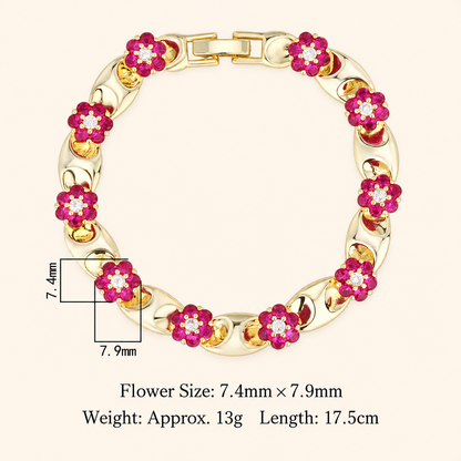 Women’s Vintage Red Crystal Flower Link Bracelet in Gold or Silver Tone