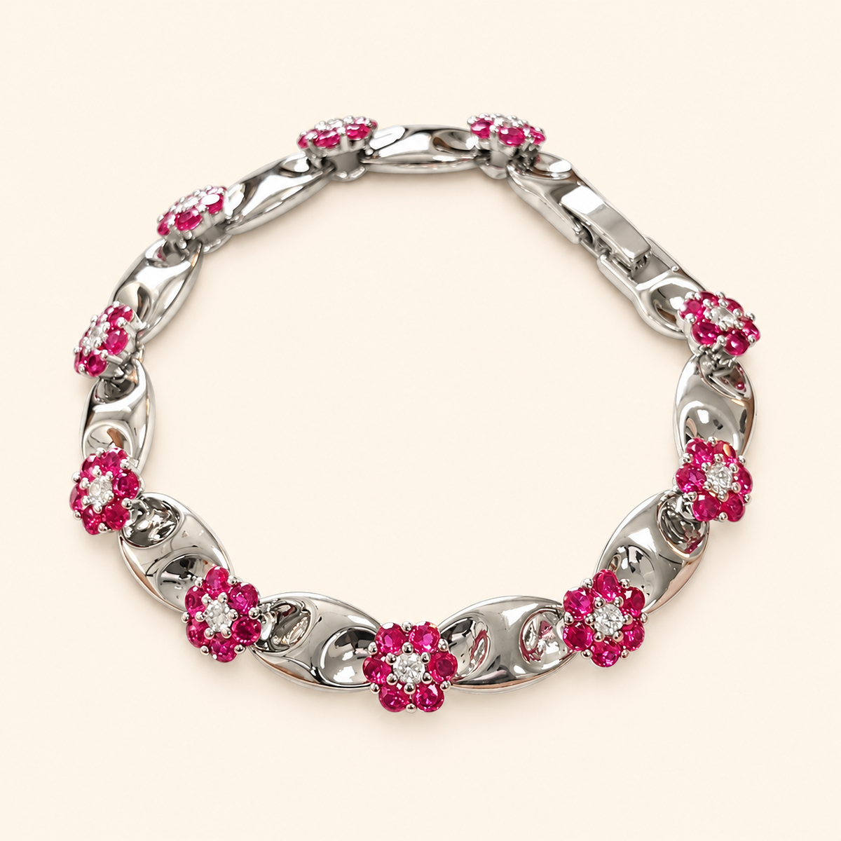 Women’s Vintage Red Crystal Flower Link Bracelet in Gold or Silver Tone