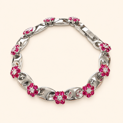 Women’s Vintage Red Crystal Flower Link Bracelet in Gold or Silver Tone