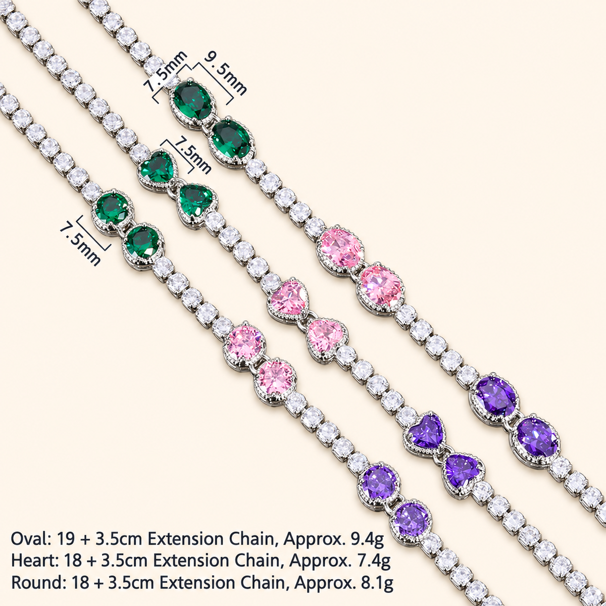 Women’s Amethyst-Inspired Cubic Zirconia Tennis Bracelet with Heart, Oval or Round Gemstone Detail