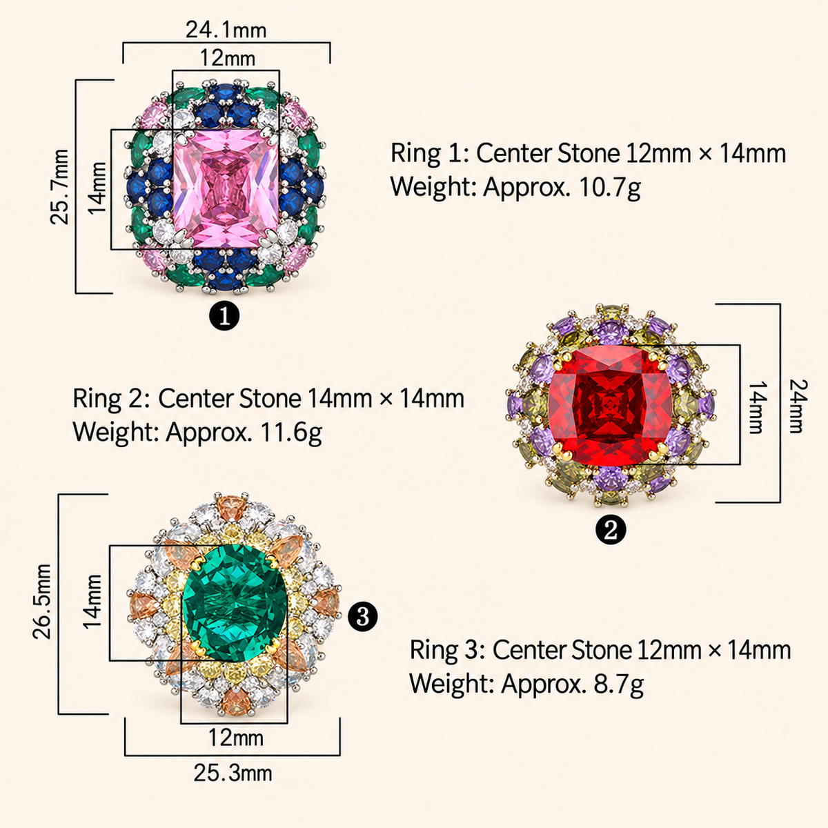 Women’s Candy Color Cubic Zirconia Adjustable Statement Ring with Pink, Red or Emerald Green Gemstone