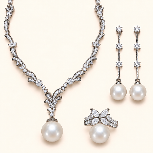 Women’s Elegant Cubic Zirconia Jewelry Set with Vine Details and Shell Pearls