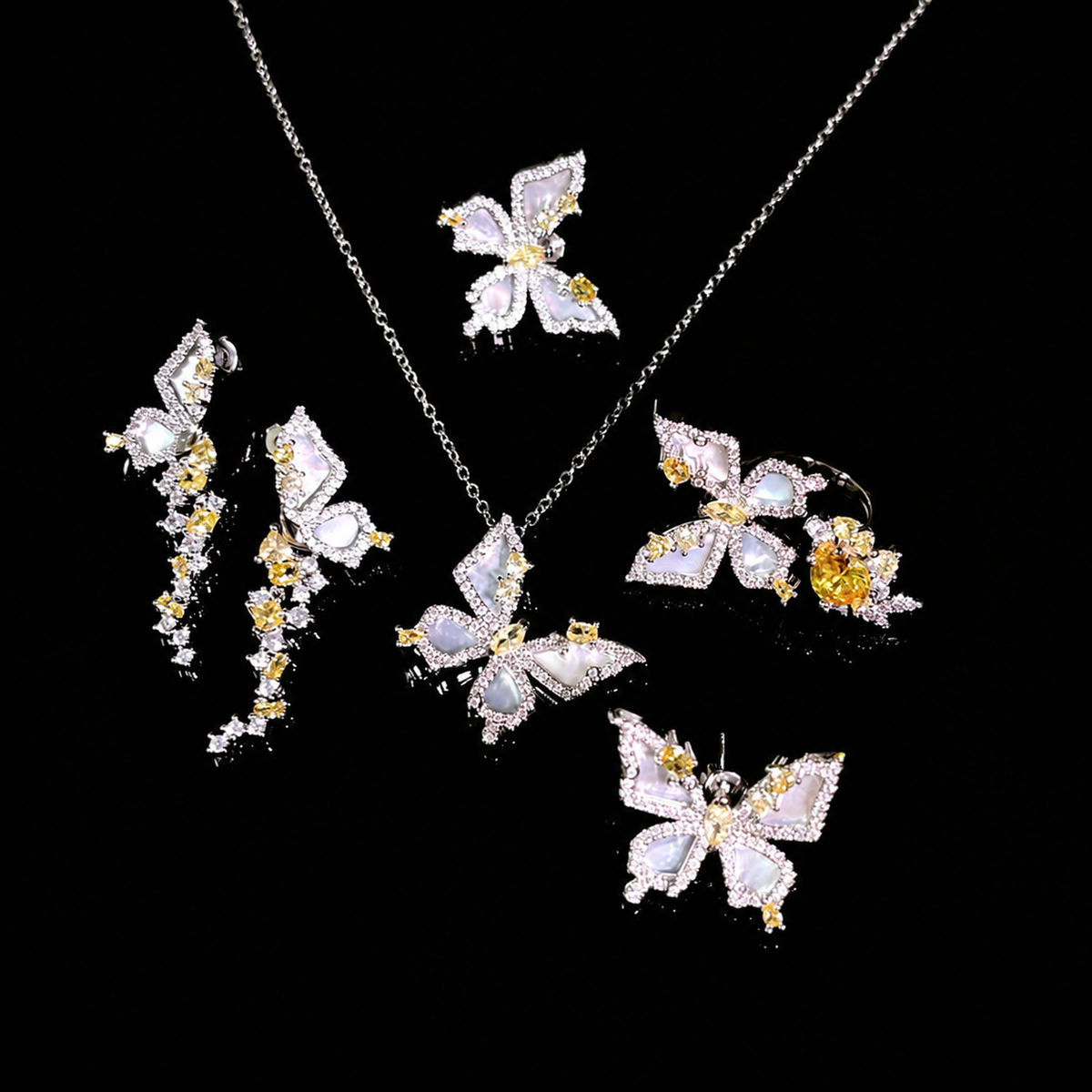 Women’s Cinderella Butterfly Jewelry Set with Shell Inlays and Pale Yellow Cubic Zirconia